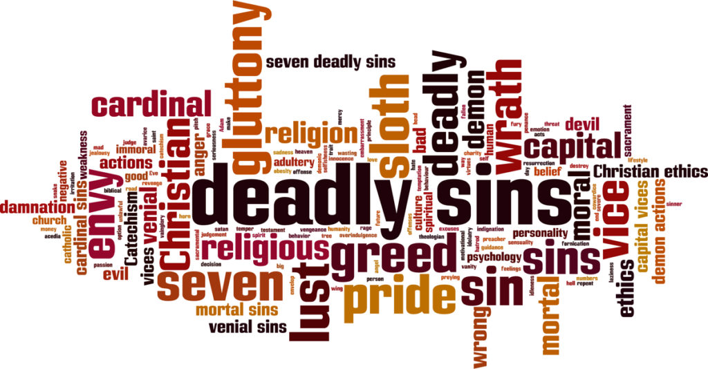 Deadly sins word cloud concept. Vector illustration